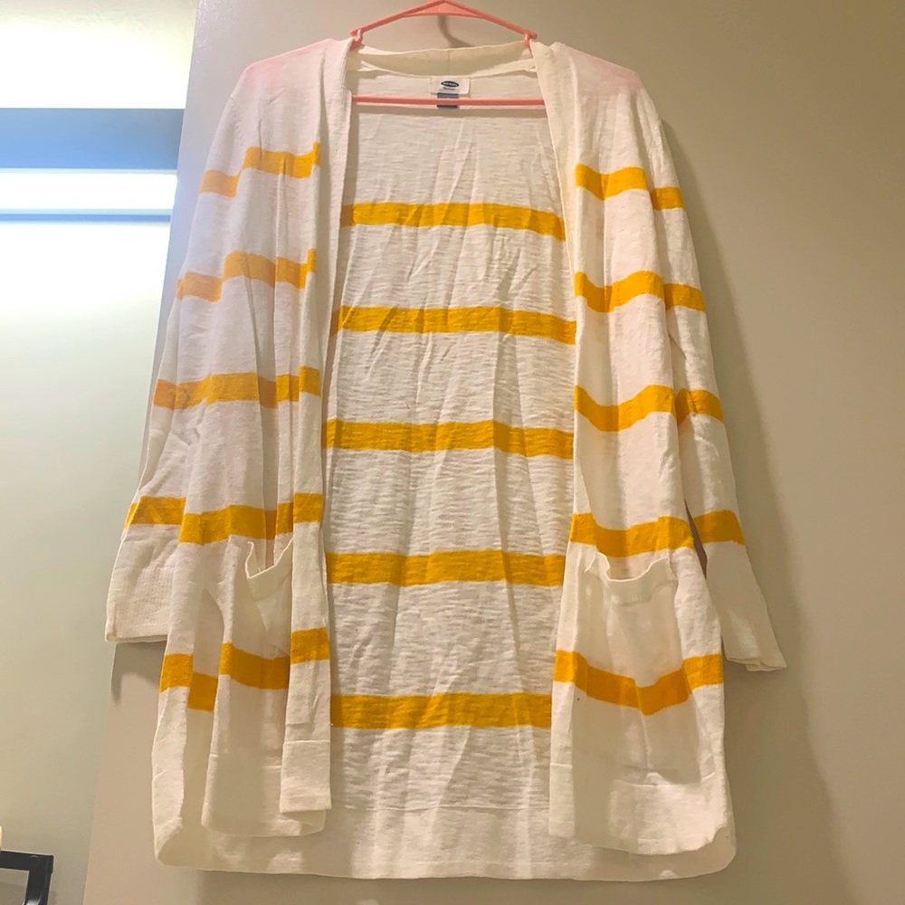 White and yellow striped long cardigan with pockets